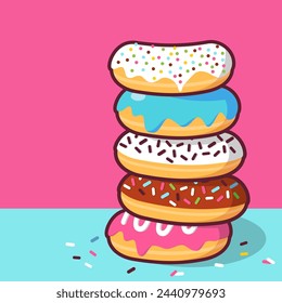 Pila de donuts. Donut con glaseado azul y rociado de bolas de fresa rosa, chocolate negro fundiendo glaseado, glaseado de fresa rosa. Ilustración vectorial.