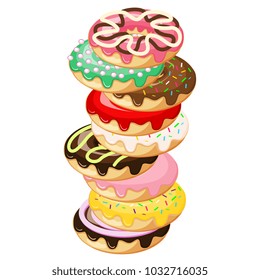 Stack of Donuts. Donut with mint green frosting and pink strawberry ball sprinkles, dark chocolate melting frosting, pink strawberry frosting. Donut isolated on white background. Vector illustration.