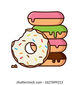 Stack of donuts with pink, green, chocolate icong and sprinkles. Isolated vector illustration Sweet food and pastry symbol.