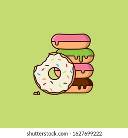 Pila de donuts con hielo rosa, verde, chocolate y rociadores. Ilustración vectorial del Jueves Gordo el 20 de febrero. Símbolo de pastelería y comida dulce.