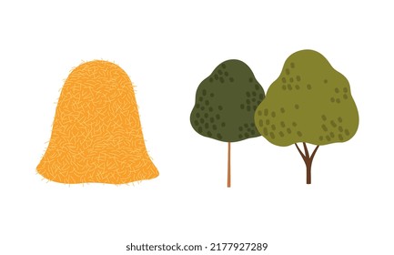Stack of Dry Hay and Green Garden Tree with Trunk and Crown Vector Illustration Set