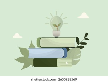 Stack of educational books with eco-friendly light bulb containing plant and green leaves, representing sustainable energy knowledge and environmental learning. Flat style. Vector illustration