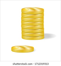 A stack of eight gold coins and one coin lying side by side isolated on a white background. Metal money.