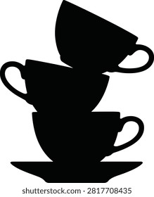 Stack of elegant black tea cups on saucers