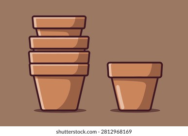Stack of empty terracotta flower pots beside a single pot stands against a flat, warm brown background.
