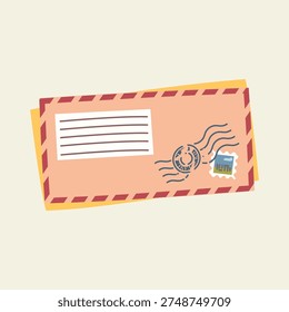 Stack of envelopes with an airmail border, postmark, and a scenic stamp