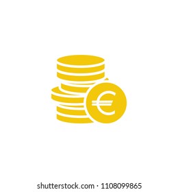 Stack of euro coins with coin in front of it. Flat yellow gold icon. Isolated on white. Economy, finance, money pictogram. Wealth symbol.  Vector illustration.