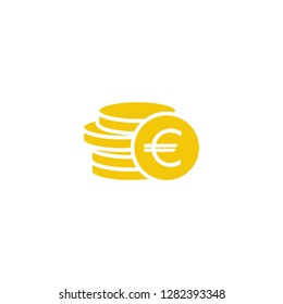 Stack of euro coins with coin in front of it. Flat gold icon. Isolated on white. Economy, finance, money pictogram. Wealth symbol.  Vector illustration.