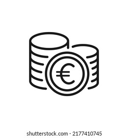 Pila de monedas en euros. Signo de moneda, estilo de línea de icono de dinero aislado en fondo blanco. Ilustración del vector 