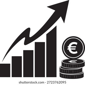 Pila de monedas en euros con un símbolo del euro y un gráfico de barras con una flecha de tendencia al alza que indica el progreso financiero y el crecimiento.