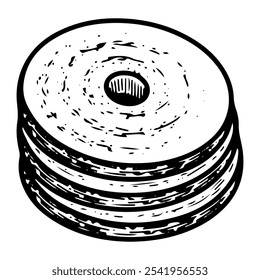Stack of extra dumbbell discs hand drawn sketch. Fitness exercise. Pump up arm muscles. Gym equipment. Physical exercise. Healthy lifestyle. Metal object. Vector engraving line art illustration.
