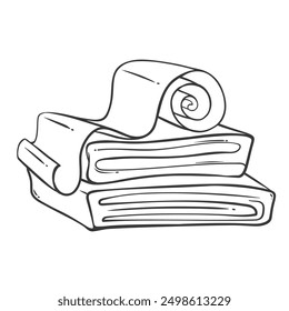 Stack of fabric rolls line icon. Hand drawn retro cloth bale for garment production, dressmaking. Textile industry, fashion design mascot, doodle fabric pile in shop icon vector illustration