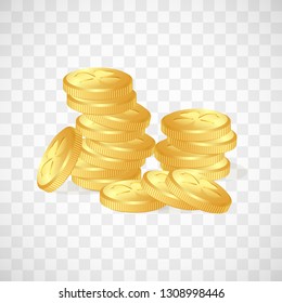 Stack of fairy golden coins with clovers leaves on white background. St. Patrick's day objects isolated on transparent background.
