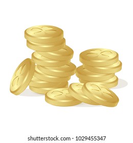 Stack of fairy golden coins with leaves of clovers on white background. St. Patrick's day, Money, gold, Saint, Patrick, holiday, good, luck, business banking treasure