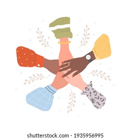 Stack of female hands. Unity and teamwork concept. Arms of successful business women. Partnership community. Vector illustration in flat cartoon style.