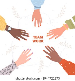 Stack of female hands. Unity and teamwork concept. Arms of successful business women. Partnership community. Vector illustration in flat cartoon style.