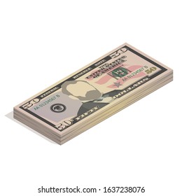 Stack of fifty dollar bills. Paper money, pile of 50 US dollar banknotes, isometric view. Vector illustration isolated on white background