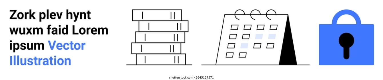 Stack of files, calendar with dates, and padlock symbol. Placeholder text beside in blue and black. Ideal for organization, security, scheduling, planning, document management, productivity, data