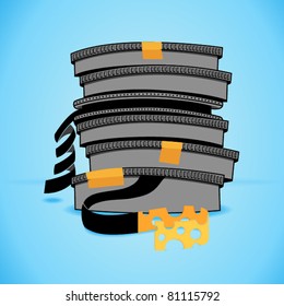 stack of film canisters with cheesy ending film