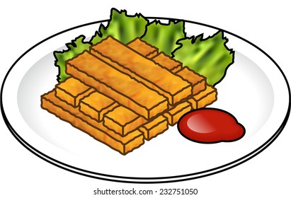 A stack of fingers on a plate with lettuce leaves and tomato sauce. 