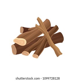 Stack of firewood. Dry logs for bonfire. Wood lumber production industry. Wooden material. Detailed flat vector element