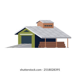 Stack of firewood and garage, woodpile for making fire. Felled tree trunks, wood storage. Flat vector illustration building and timber isolated on background. Sawmill, wood production and forestry