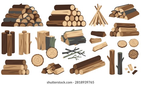 Stack of firewood logs, cut wood, branches, lumber, woodpile, fuel for fire, rustic outdoor scene.