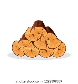 Stack of firewood materials for lumber industry isolated on white background. Pile of wood logs tree trunk, cartoon tree triangle-shaped and semi-circle logs - flat vector illustration