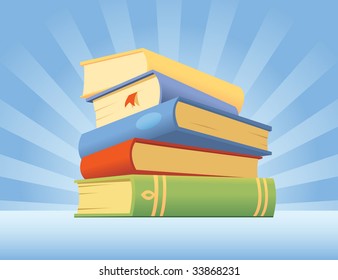 Stack of five books in different colors.