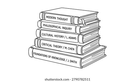 A stack of five books featuring titles on philosophy history and cultural studies illustrated in a clean line art style