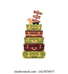 Stack of five green and brown suitcases. Vector illustration on white background.