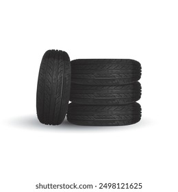 A stack of five new car tires with visible treads, set against a plain, light background. Relevant for automotive parts, tire maintenance, and vehicle safety