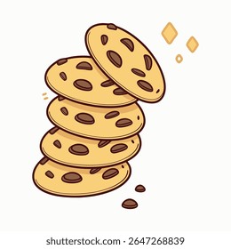 A stack of five round, golden-brown cookies with dark brown chocolate chips. The cookies are outlined in dark brown and have a slight shadow. Three small yellow diamond shapes sparkle above the stack.