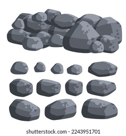 Stack of flat stone rock set. Different grey boulders. Pile of broken debris. Nature decoration.