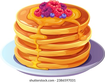 Stack of fluffy pancakes with berries, poured with honey or caramel. Side view. Vector illustration of delicious food in cartoon style