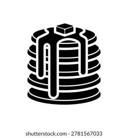 Stack of fluffy pancakes icon featuring butter square melting on top with sweet maple syrup drizzling down sides. Classic breakfast imagery suitable for cafe menus bakery logos culinary illustrations or homemade food branding and restaurant digital project design.