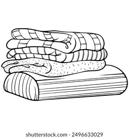 Stack of folded blankets. Cozy autumn, winter home decor. Vector illustrations in hand drawn sketch style isolated on white. Black outline graphic for print, coloring book