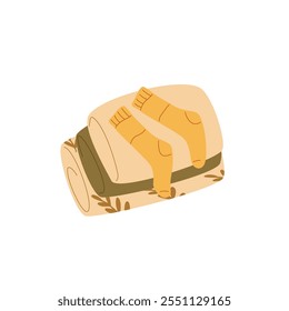 Stack of folded blankets and cozy socks isolated on white background. Pile of autumn domestic elements. Soft textile apparel. Vector flat illustration