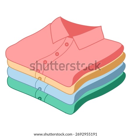 Stack of Folded Button-Up Shirts in Pastel Colors, hand-drawn illustration in minimal style