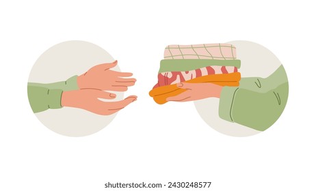 Stack of folded clothes is being passed from hand to hand. Charitable donation of warm apparel. Sale or contribution of used garments. Flat vector illustration with simple lines.