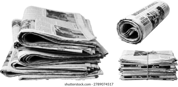 A stack of folded newspapers and a single rolled newspaper isolated on a white background. Perfect for concepts related to news, media, and information.
