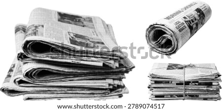 A stack of folded newspapers and a single rolled newspaper isolated on a white background. Perfect for concepts related to news, media, and information.