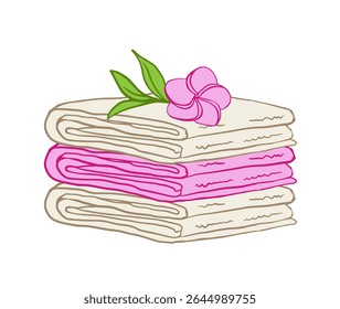 Pilha de toalhas de spa dobradas com uma flor frangipani rosa e folhas verdes. Ideal para marca de bem-estar, anúncios de massagem ou visuais de atmosfera relaxante.