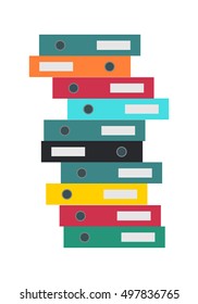 Stack of folders isolated on white. Large number of business documents. Colorful document cases. Paper work, office routine, bureaucracy concept. Flat design. Data, mailing, management services.