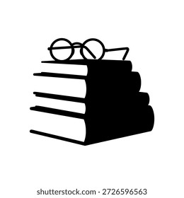 Una pila de cuatro libros con gafas en la parte superior, que simbolizan la lectura y el aprendizaje.