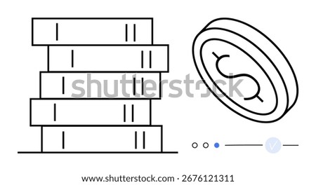Stack of four books next to a coin with a dollar sign. Ideal for education, finance, savings, investment, economics, learning, and budgeting themes. Line metaphor
