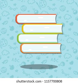 Stack of four books on blue background with seamless psttern. Illustrations for education and school.