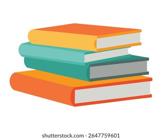 A stack of four books with orange, yellow, teal, and grey covers and white pages is shown against a white background.