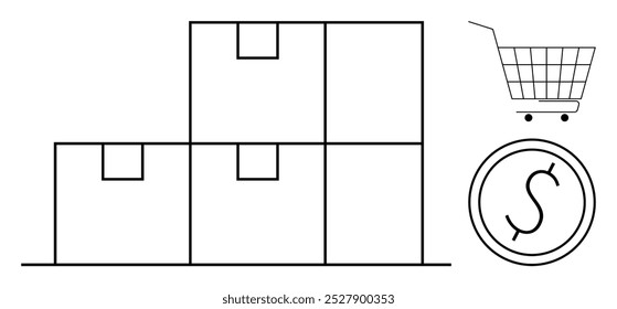 Pilha de quatro caixas com um carrinho de compras e símbolo de moeda ao lado deles. Ideal para varejo on-line, logística de comércio eletrônico, gerenciamento da cadeia de fornecimento, controle de estoque, gerenciamento de depósito e compras