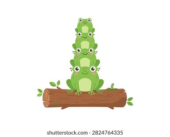 Stack of Four Cute Green Frogs Sitting on a Wood Log Cartoon Vector Illustration